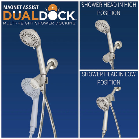 Magnetic Adjustable Height Handheld Shower Head With Dual Dock 5 Foot Metal Hose PowerPulse Massage Brushed Nickel Finish