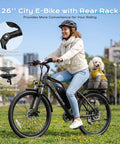 Adult riding Powerful 1000W Peak Electric Bike For Adults With 20 MPH Top Speed, 26 Inch Wheel, dog in rear basket.