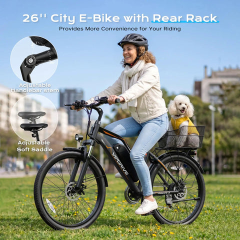 Adult riding Powerful 1000W Peak Electric Bike For Adults With 20 MPH Top Speed, 26 Inch Wheel, dog in rear basket.