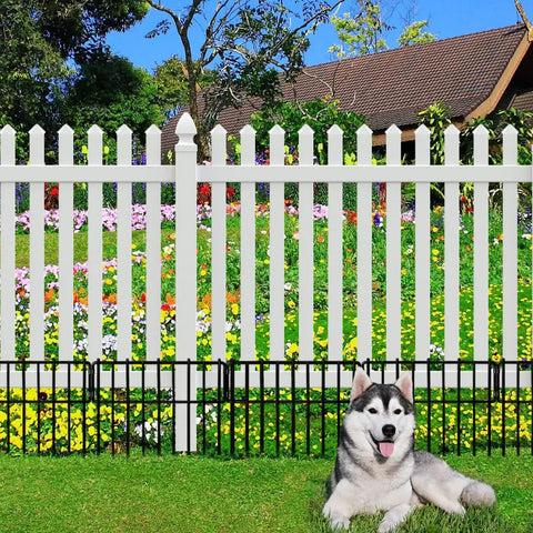 10 Pack No Dig Animal Barrier Fence For Gardens And Yards Rustproof Metal Bottom Blocker Border Fence Seventeen Inch High And 10Ft Long Decorative Outdoor Fence with dog in front.