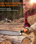 Man using Badass 180W Cordless Chainsaw Sharpener Kit on chainsaw blade outdoors for lawn maintenance projects.