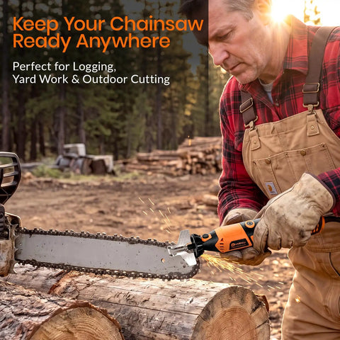 Man using Badass 180W Cordless Chainsaw Sharpener Kit on chainsaw blade outdoors for lawn maintenance projects.