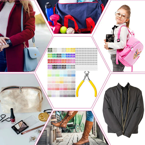 Easy Fix Zipper Repair Kit With 373 Pieces Including Colorful Sliders Replacement Zipper Pulls Stops And Install Pliers For Sewing Luggage Jackets Coats Jeans Purses And Handbags displayed with clothing and accessories