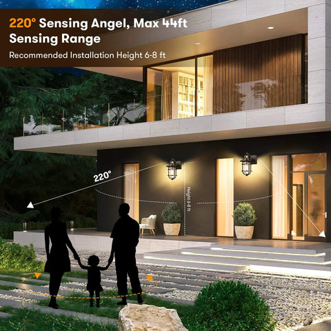 Modern home with two Motion Sensor Outdoor Wall Lantern With Seeded Glass Dusk To Dawn Waterproof Exterior Sconce lights