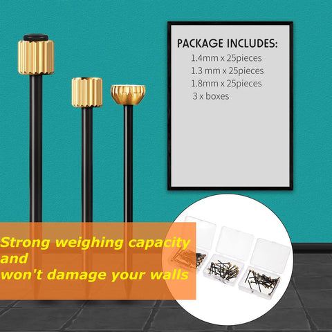 75 Piece Picture Hanging Nails Set In Three Sizes Small Medium Large With Brass Head And Black Steel Finish for Frames and Art