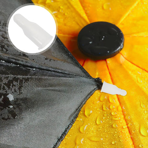 Cool DIY Fixers For Your Dinged Umbrellas: 10 Pc Plastic Stick End Caps With Snap Holes Ribs Bone Tips For Weathering Daily Commute And Shading In Style., close-up of white plastic umbrella tip cap on black canopy