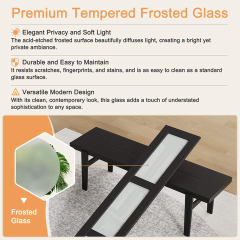 Close-up of premium tempered frosted glass panel from Ready To Install Bifold Closet Door Set For 64x80 Openings With 3 Lite Tempered Frosted Glass Panels, Pre Assembled Black PVC Surface, CARB P2 MDF, Includes Hardware Kit For Pantry, Laundry, Or Closet, Easy Setup And Modern Look, showcasing durability and soft light diffusion