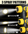 Heavy Duty HVLP Paint Sprayer With Kick Ass 850W Motor and Four Slick Nozzles demonstrating three spray patterns.