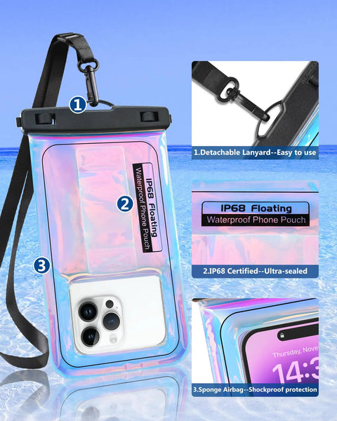 Floating IP68 Waterproof Phone Pouch With Lanyard Waterproof Case Fits Up To 7 Inch Screens For iPhone 17 16 15 14 Pro Max And Samsung S26 S25 S24 Beach Day Must Have In Dazzling Purple showing phone inside, detachable lanyard, and airbag protection.