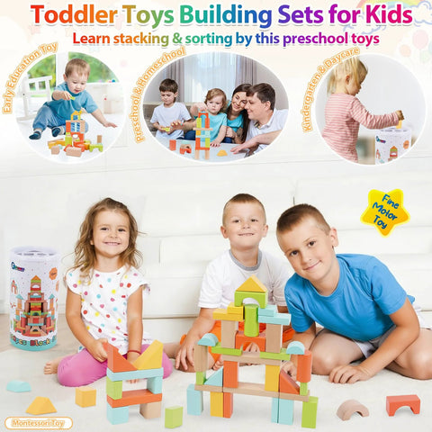 FCSONU wooden building blocks set for toddlers, 100-piece with storage lid, colorful sorting and stacking blocks.