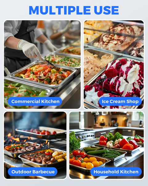 Full Size One By One Steam Table Pans 6 Inch Deep 6 Pack Workhorse Stainless Steel Chef Grade Heavy Duty Food Storage Trays in various settings.