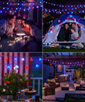 Lit Fourth Of July Decor Red White Blue Stars String Lights 17Ft 50 LED Waterproof Connectable Patriotic Fairy Lights in outdoor setup.