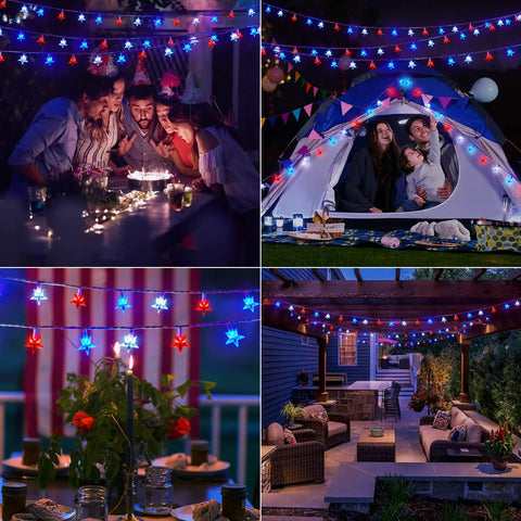 Lit Fourth Of July Decor Red White Blue Stars String Lights 17Ft 50 LED Waterproof Connectable Patriotic Fairy Lights in outdoor setup.