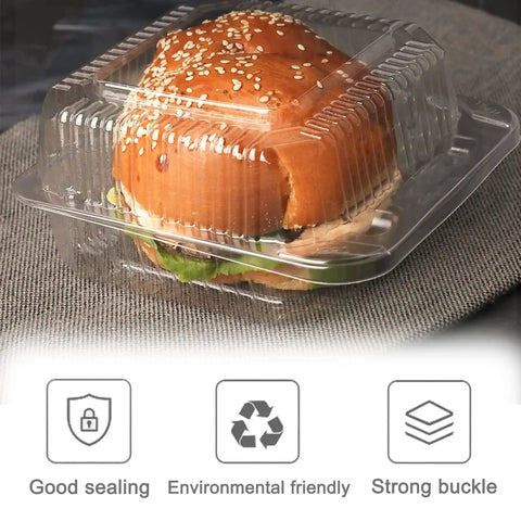 100 Pack Clear Plastic Square Hinged Food Containers With Clear Lids For To Go Meals Clamshell Takeout Trays holding burger