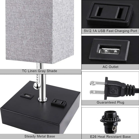 Gray Bedside Table Lamp With USB C And USB A Ports Three Color Temperature Settings with metal base and gray shade.