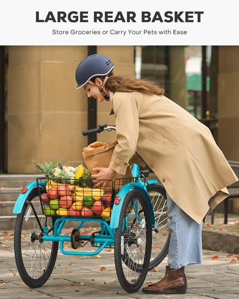Electric Tricycle For Adults 26 Inch Trike With 250W Peak 500W Motor 468Wh Removable Battery 31 Mile Range Three Modes 3 Wheel Electric Trike For Seniors Teal Color Easy Ride For Daily Commute, with large rear basket carrying groceries