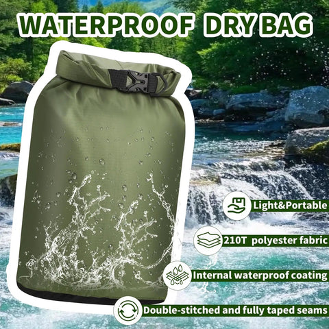Image of Three Pack Waterproof Dry Bags Set Ultralight Lightweight Dry Sacks 6L 10L 20L for hiking, camping, and boating in green.