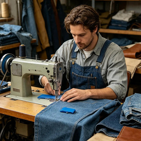 Man using sewing machine with Seam Guide With Magnetic Alignment For Sewing Machines, Easy Clamp Tool For Precise Stitching