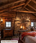 Rustic Farmhouse Wall Sconce Lighting With Vintage Kerosene Lamp Shape in a cozy cabin bedroom with stone fireplace and wood beams.