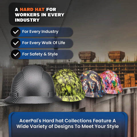 Full Brim Hard Hat With Color Weave Gloss, OSHA Approved, ANSI Z89.1 Type 1, durable construction helmets in various designs.