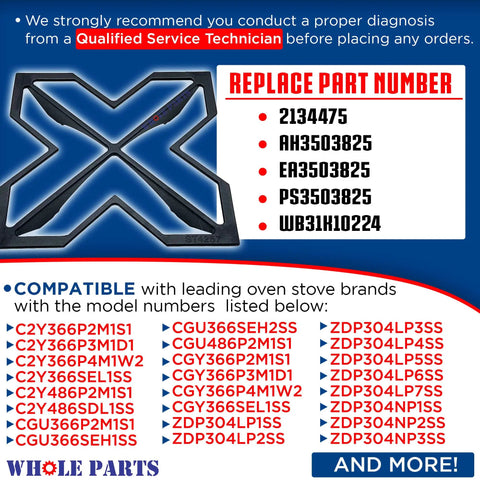 Durable Range Burner Grate WB31K10252 Replacement For GE Ranges with compatible model numbers list and part numbers.