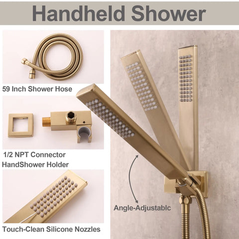 Boss Brushed Gold Shower Faucet Set With Ceiling Mount 8 Inch Rainfall Head System, handheld shower with hose and holder