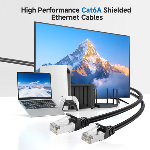 10 Gbps Snagless Shielded Cat6A Ethernet Cable 50ft Black connected to devices with mountain screen display.