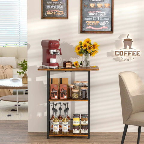 Compact Three Tier Floor Standing Coffee Bar Shelf For Cozy Corner Space Saving Farmhouse Style Coffee Station Perfect As A Small Coffee Table And Cabinet In Living Room Or Dining Room Brown And Black Finish with coffee supplies.