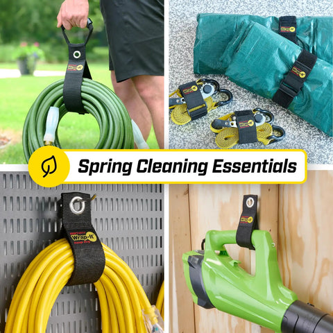 Garage Organization Value Pack With Assorted Storage Straps for cords, hoses, and gear arranged in storage setups.