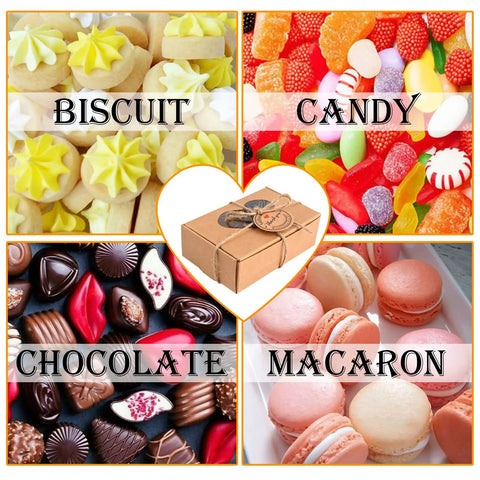 Collage of biscuits, candy, chocolates, and macarons with brown soap box set in center.