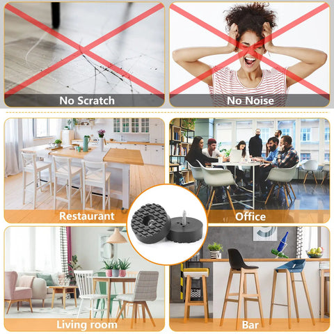 Image showing various settings including restaurant, office, living room, bar, with Heavy Duty Screw On Furniture Rubber Feet 32 Pack Anti Slip Floor Protectors.