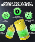 Lighted 20 Amp 125V Extension Cord End Replacement Plug With Green LED Power Indicator NEMA 5-20R Grounded Female Socket 2 Pole 3 Wire Straight Blade Plug UL Listed For Safe Heavy-Duty Electrical Connections on yellow plug set