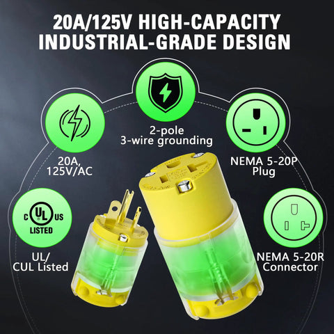 Lighted 20 Amp 125V Extension Cord End Replacement Plug With Green LED Power Indicator NEMA 5-20R Grounded Female Socket 2 Pole 3 Wire Straight Blade Plug UL Listed For Safe Heavy-Duty Electrical Connections on yellow plug set