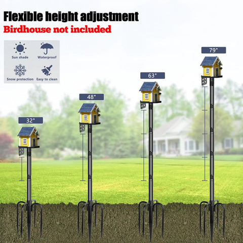 Beefy 1 Inch Diameter Bird Feeder Pole Stand 79 Inch Tall Outdoor Mounting Kit Heavy Duty Black Metal Pole For Bird Feeders Birdhouses Bluebird Boxes And Weather Station Setups, shown with flexible height adjustment on grassy area.