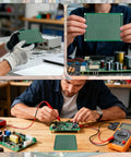 Person assembling circuit with Over 800 Pieces DIY Electronics Kit With Double Sided PCBs, soldering components in workshop.
