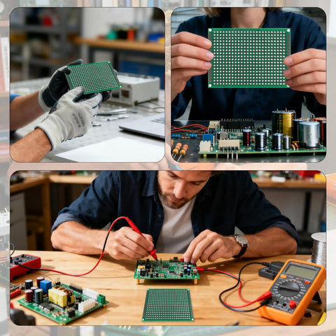 Person assembling circuit with Over 800 Pieces DIY Electronics Kit With Double Sided PCBs, soldering components in workshop.