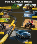 Heavy Duty Cordless Fuel Transfer Pump Rechargeable Battery Gas Dispenser Hose With Savage Flow Rate and No Sweat Setup For Swift Refueling Shop Tasks, shown with various vehicles.