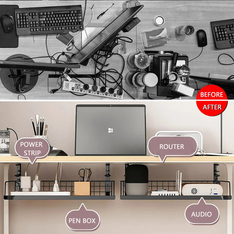 Before and after image of Under Desk Cable Organizer And Desktop Cord Keeper With Versatile Wire Management Box for computer setup.