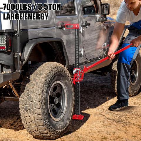 Man using 48 Inch Heavy Duty Farm Jack With 7000 Lb Lifting Capacity on gray SUV