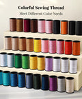Colorful sewing threads displayed on shelves, included in All In One Sewing Kit For On The Go Quick Fixes And DIY Repairs, Handy Organizer