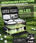 Durable Golf Trunk Organizer for Cars with open compartments showing clubs, gear, towels, balls on grass, black finish, great gift