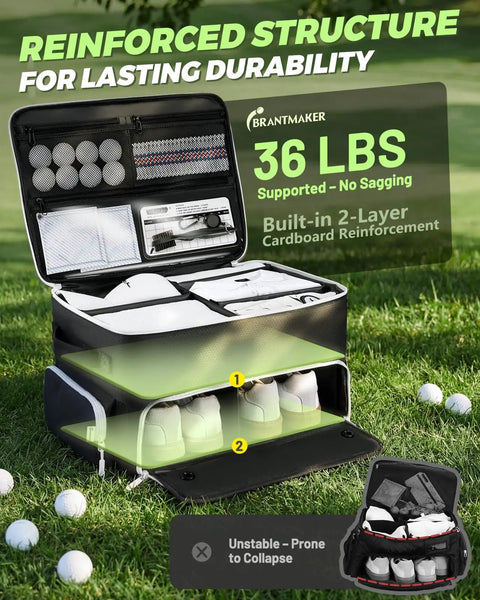 Durable Golf Trunk Organizer for Cars with open compartments showing clubs, gear, towels, balls on grass, black finish, great gift