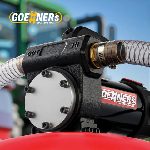 Close-up of the No Fuss 12V DC Fuel Transfer Pump 15 GPM showing inlet and outlet connections, ideal for diesel fluid transfer.