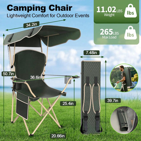 Canopy Camping Chair Foldable With Sun Shade For Beach And Outdoors Your Go To Portable Folding Chair With Two Cup Holders