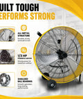 30 Inch Heavy Duty Industrial Drum Fan With Smooth Rolling Wheels Blows 12800 Cfm Hella Badass Airflow for strong ventilation.