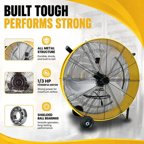 30 Inch Heavy Duty Industrial Drum Fan With Smooth Rolling Wheels Blows 12800 Cfm Hella Badass Airflow for strong ventilation.