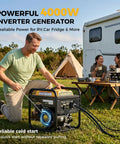 Man using 4000W Gas Powered Inverter Generator Portable Power On The Go For Camping And Outages 208cc Engine Delivers Clean Power