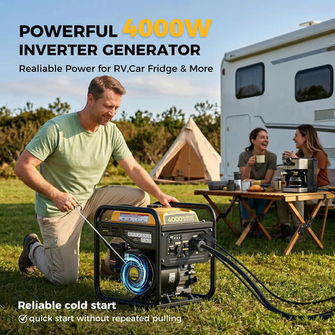 Man using 4000W Gas Powered Inverter Generator Portable Power On The Go For Camping And Outages 208cc Engine Delivers Clean Power