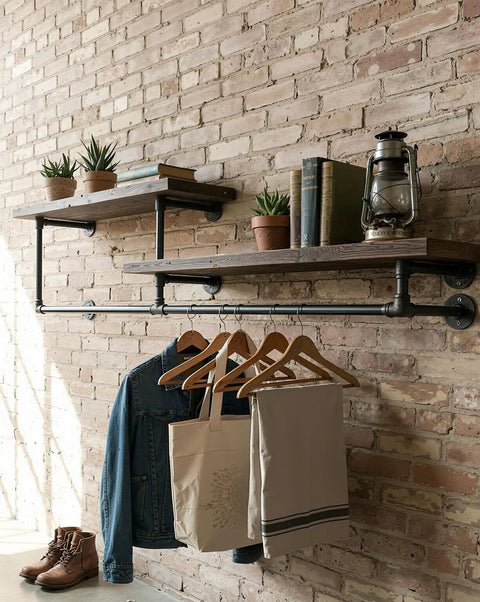 Industrial shelf with Half Inch By Twenty Four Inch Black Malleable Iron Pipe Nipples Fittings Ten Pack Threaded Both Ends With Rust Preventive Coating.