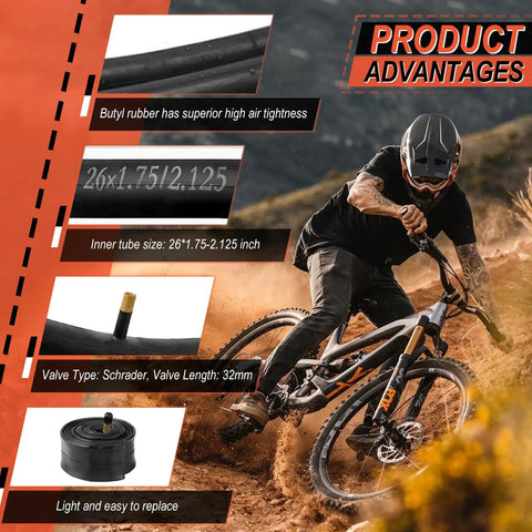Two Pack 26x2.125 Mountain Bike Tires Folding Replacement Set With Schrader Valve Tubes Includes 4 Tire Levers And 2 Rim Strips for off-road rides, showcasing a mountain biker on a trail with tire and tube features.